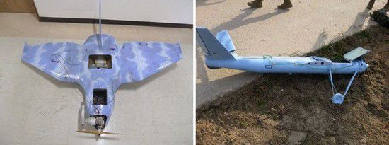 左圖為3月24日在韓國首爾北部墜毀的無人機，右圖為3月31日在韓國西部海域白翎島墜毀的無人機