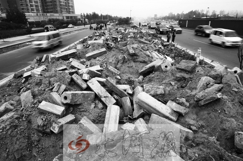 中州大道部分路段，綠化帶成了垃圾場(chǎng)。