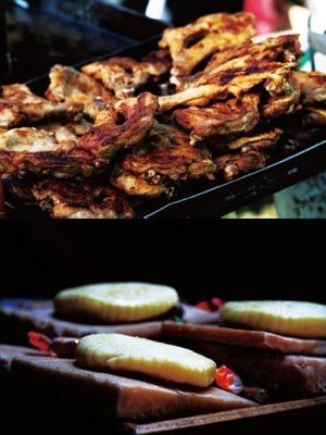 　　草原美食烤肉和奶酪。　