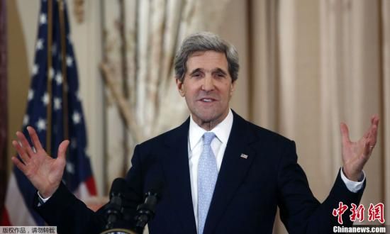 資料圖：當(dāng)?shù)貢r(shí)間2月6日，美國(guó)華盛頓，新任國(guó)務(wù)卿約翰·克里宣誓就職，副總統(tǒng)拜登出席了就職儀式。