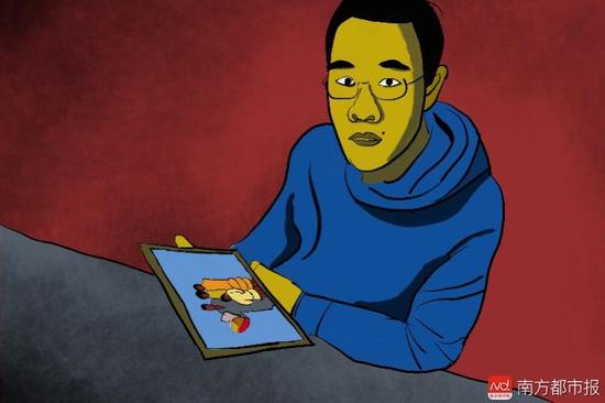 王煥凱看著一家人幸福的合照，黯然神傷，悔不當初。（畫作者：吳斌）