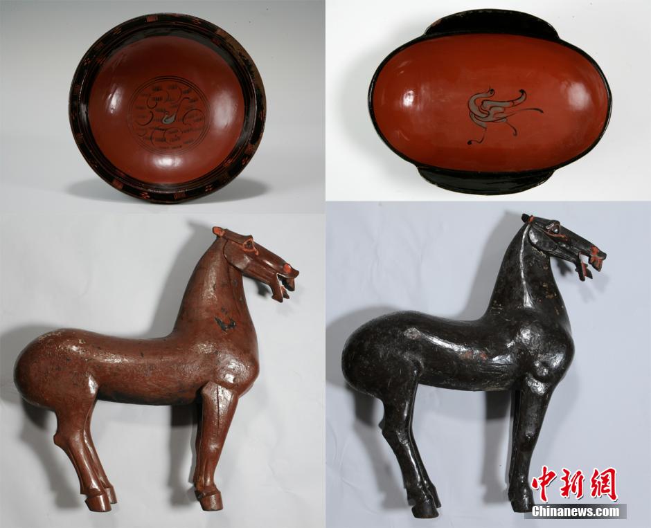 圖為出土漆器240余件，器形有耳杯、奩、幾、盤、盒、俑、馬等。