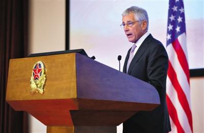 昨日下午，美國國防部長哈格爾在中國國防大學發(fā)表演講。