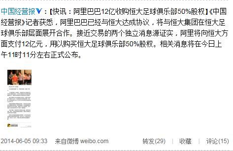 阿里巴巴12億元收購(gòu)恒大足球俱樂(lè)部50%股權(quán) 阿里巴巴12億元收購(gòu)恒大足球俱樂(lè)部50%股權(quán)