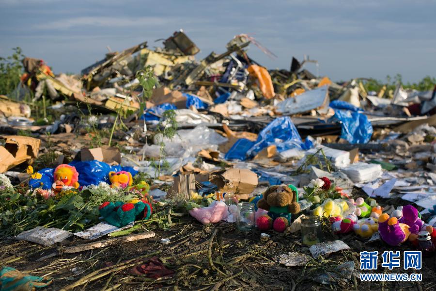 7月19日,在烏克蘭頓涅茨克州拉瑟普諾耶村附近,人們將玩具擺放在馬航MH17航班墜機(jī)現(xiàn)場(chǎng)。