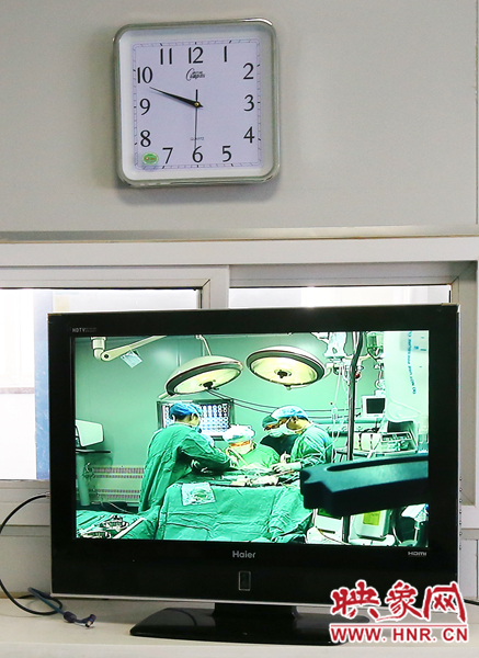 由于扎入大龍顱內(nèi)的針位置較深，所以經(jīng)過七次定位才取出,圖為監(jiān)視器中手術(shù)場景