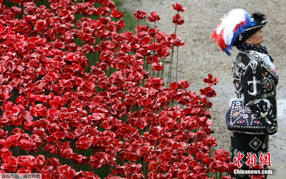 當地時間2014年11月10日，英國倫敦，倫敦塔周邊“種植”了888246朵陶瓷材質的罌粟花，以此紀