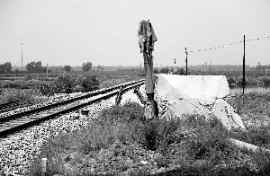 6月30日， 農(nóng)戶用搭建的窩棚和電線桿阻擋了鐵路的施工。新華社發(fā)